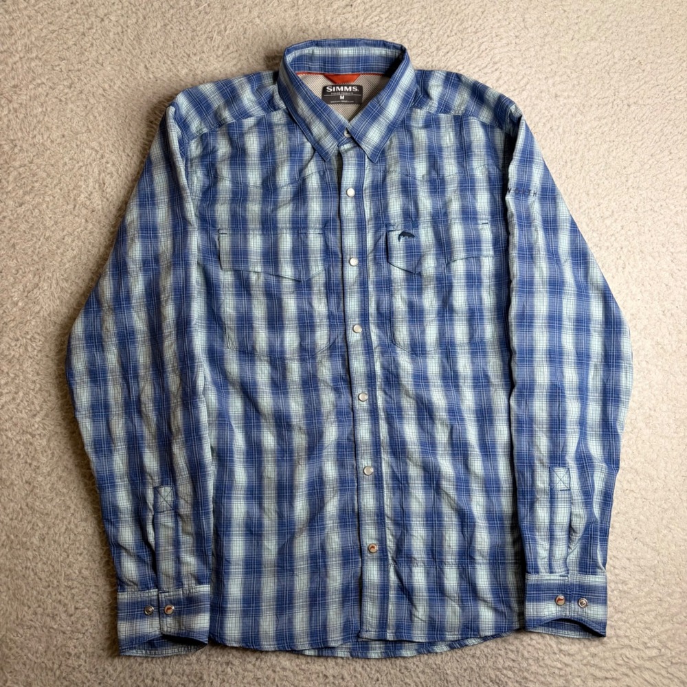 Simms Fishing Products Mens Blue Plaid Long Sleeve Snap Fishing Shirt Size M